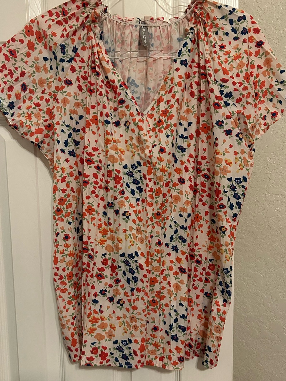 Pleated V-Neck Floral Blouse - Cream with Coral & Navy Accents